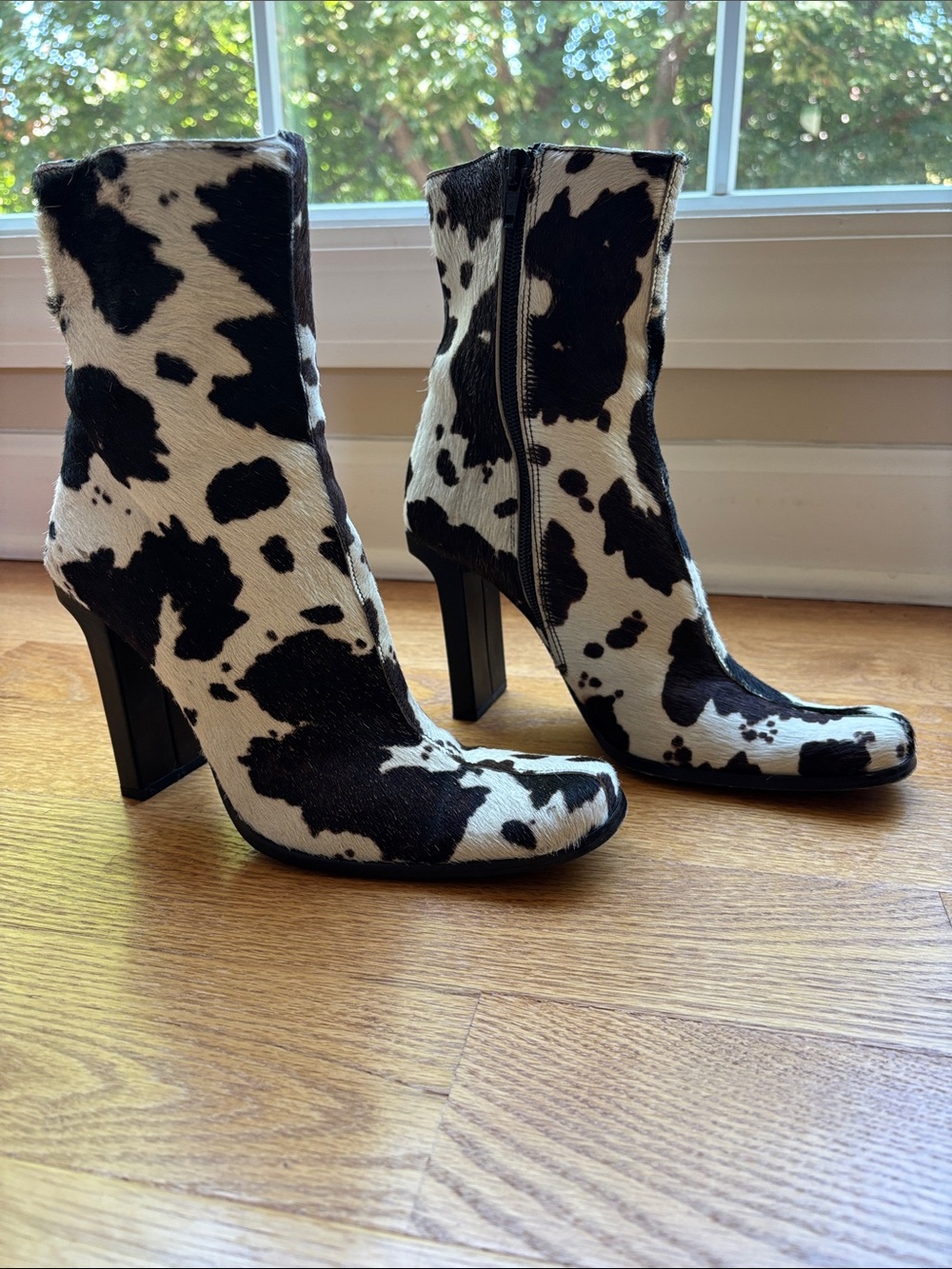 bebe Black and White Cowprint Ankle Heeled Boots